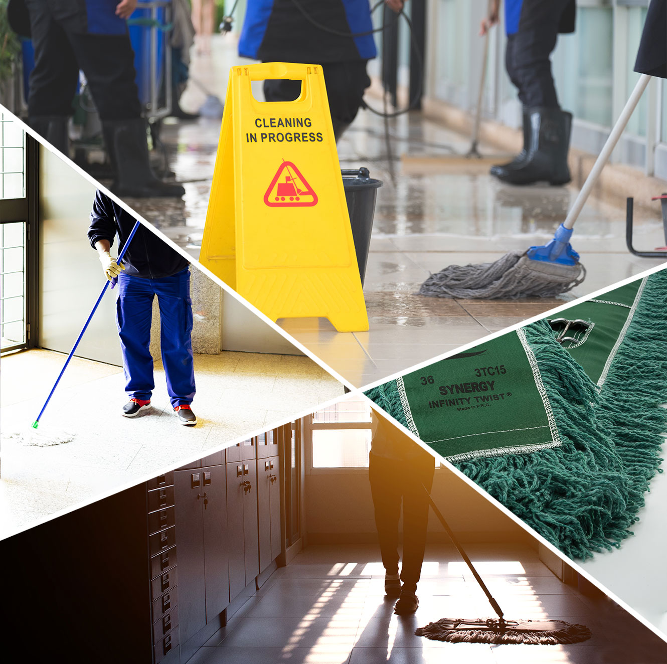 Lechner Services Assortment of Mop optoins with a janitor mopping and sweeping the floor.
