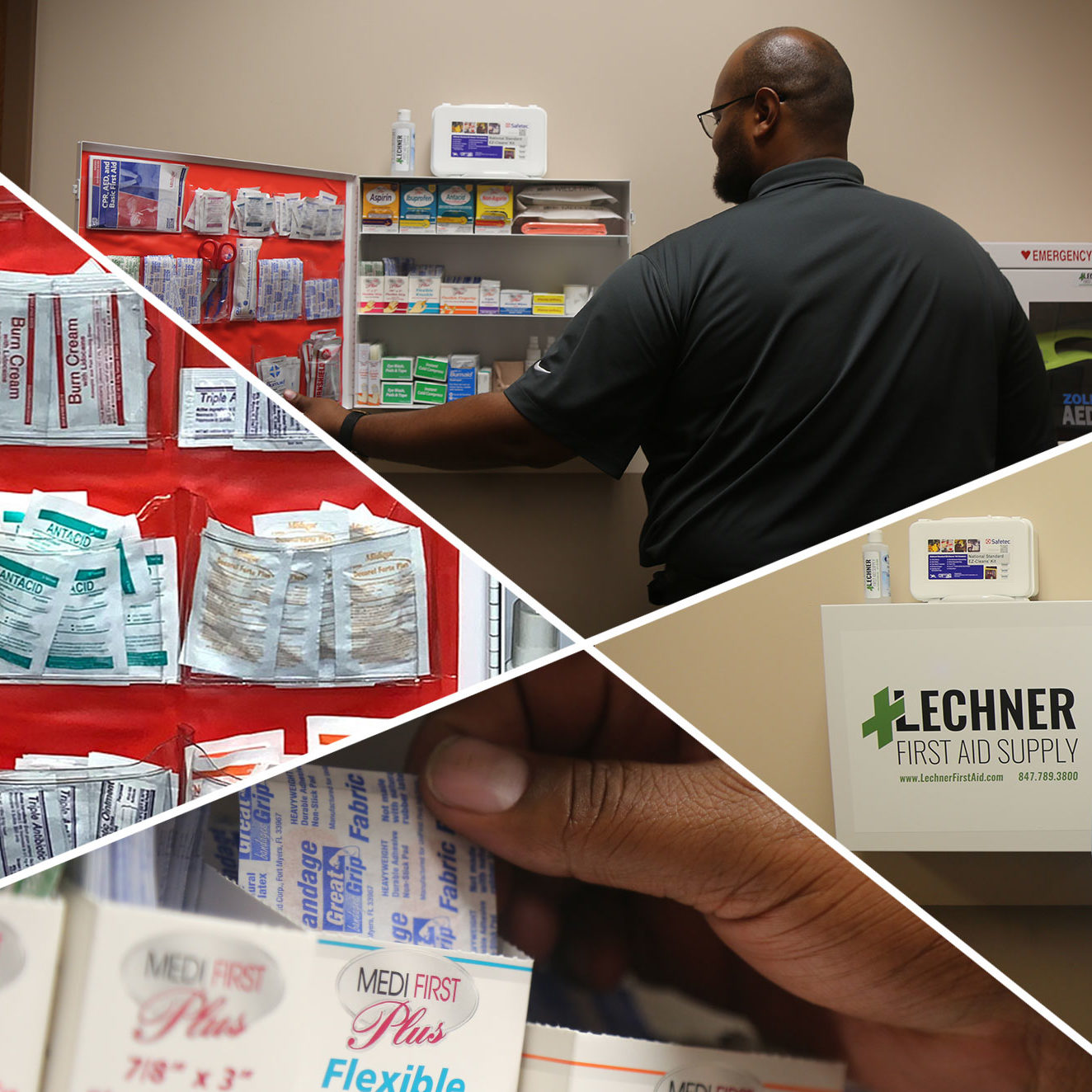 Lechner First Aid Supply cabinets with burn cream, bandages and employee comfort items
